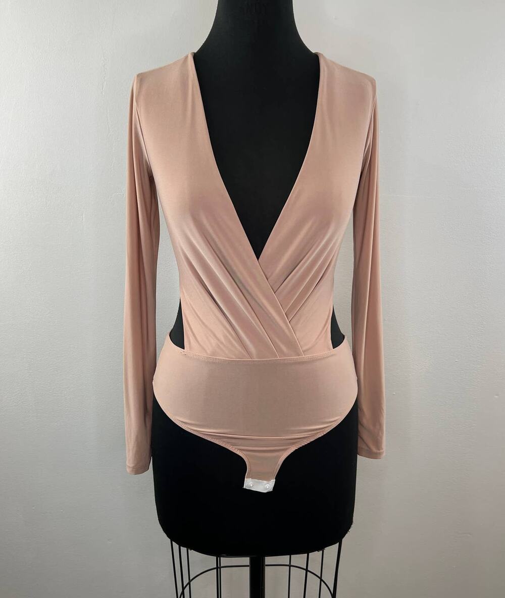 LULUS Celebrating Tonight Beige Faux-Wrap Stretch Cutout Long Sleeve Bodysuit XS
